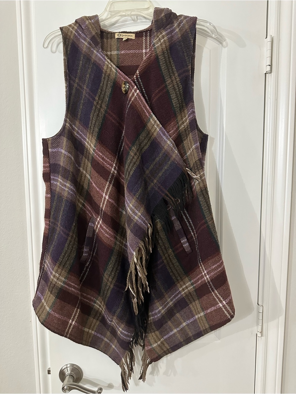Democracy Plaid Hooded Fringe Vest Poncho Size Medium